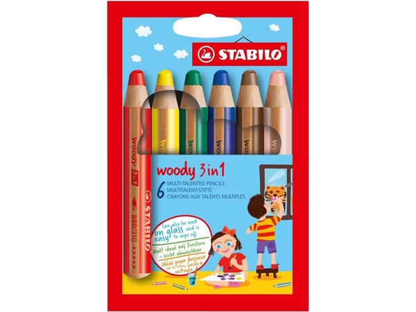Stabilo Woody färgpennor 3-i-1 - med 6 st. assorterade färger i etui