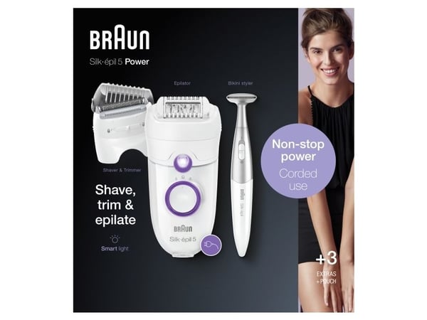 Braun Silk-épil 5-825 Power Electric Epilator for Women with Cable, Lawn Head and Trimming Cap, Bikini Zone - White/Purple