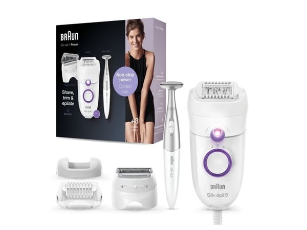 Braun Silk-épil 5-825 Power Electric Epilator for Women with Cable, Lawn Head and Trimming Cap, Bikini Zone - White/Purple