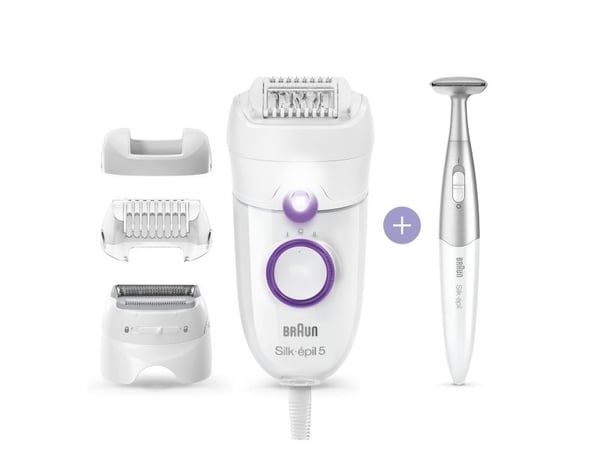 Braun Silk-épil 5-825 Power Electric Epilator for Women with Cable, Lawn Head and Trimming Cap, Bikini Zone - White/Purple
