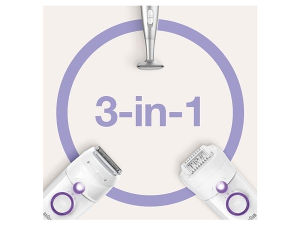 Braun Silk-épil 5-825 Power Electric Epilator for Women with Cable, Lawn Head and Trimming Cap, Bikini Zone - White/Purple