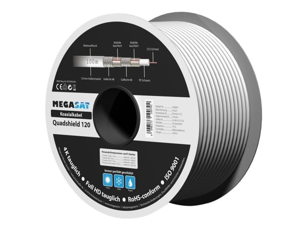 Megasat Quadshield 120 - Bulk-antennikaapeli - 100 m - Nelinkertaisesti suojattu koaksiaalikaapeli - 110 dB - 4K-tuki