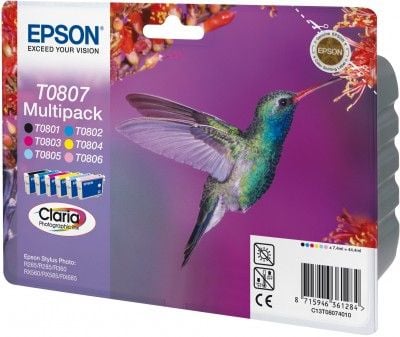 Epson Multipack 6-väriä T0807 Claria Photographic Ink, Musta, Syaani, Vaalea syaani, Vaalea Magenta, Magenta, Keltainen, 7,4 ml, 1 kpl, Monipakkaus