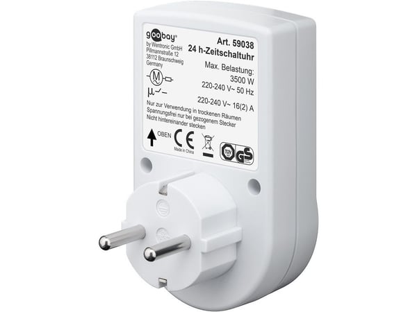 Goobay 59038, Päivittäinen ajastin, Valkoinen, Rotaatio, 30 min, IP20, WEEE, GS: TÜV Süd