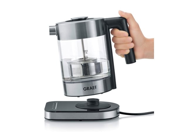 Graef WK350, 1 L, 2000 W, Musta, Ruostumaton teräs, Läpinäkyvä, Lasi, Veden tason ilmaisin, Ylikuumenemissuoja