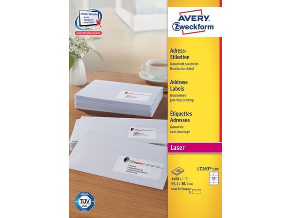 Avery L7163-100, Valkoinen, Pyöristetty suorakulmio, Kiinteä, DIN A4, Paperi, Laser