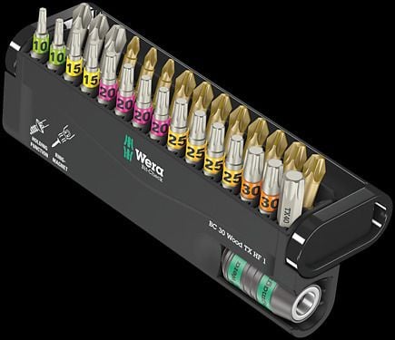 Wera 05057436001, 29 stykker, Philips, Pozidriv, Torx Plus, 1/4", PH 2, PH 3, PZ 1, PZ 2, PZ 3, TX10, TX15, TX20, TX25, TX30, TX40