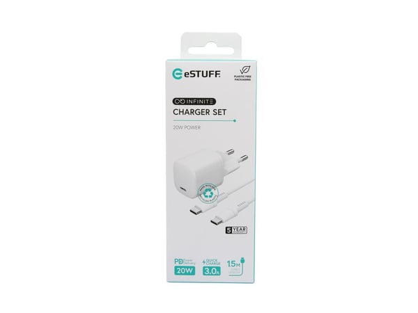 eSTUFF INFINITE - Strømadapter - EU plug, USB-C to ligtning cable, 1.5 m - 20 watt - 3 A - PD, Apple Fast Charge, QC 3.0 (24 pin USB-C) - hvit