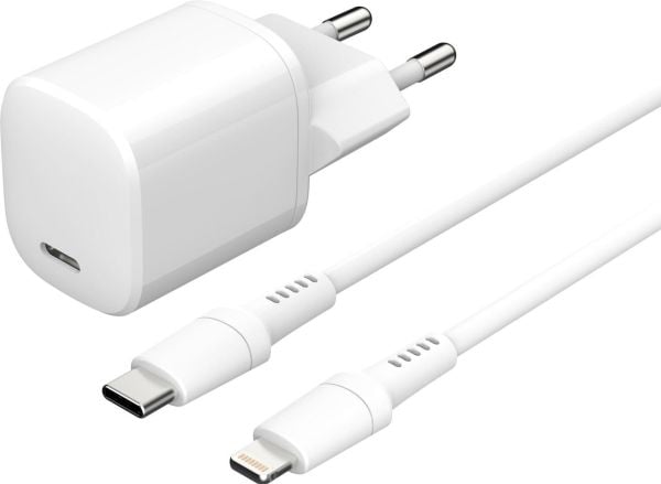 eSTUFF INFINITE - Strømadapter - EU plug, USB-C to ligtning cable, 1.5 m - 20 watt - 3 A - PD, Apple Fast Charge, QC 3.0 (24 pin USB-C) - hvit