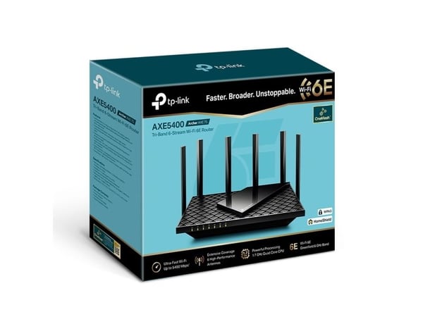 TP-Link Archer AX5400, Wi-Fi 6E (802.11ax), Tre-båndsfrekvens (2,4 GHz / 5 GHz / 6 GHz), Ethernet/bredbåndsforbindelse, Svart, Frittstående router