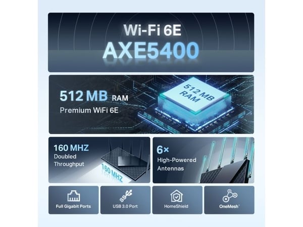 TP-Link Archer AX5400, Wi-Fi 6E (802.11ax), Tre-båndsfrekvens (2,4 GHz / 5 GHz / 6 GHz), Ethernet/bredbåndsforbindelse, Svart, Frittstående router