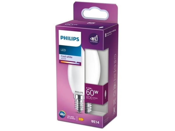 Philips CorePro - LED-lyspære - form: B35 - mattslipt finish - E14 - 6.5 W (ekvivalent 60 W) - klasse E - kjølilg hvitt lys - 4000 K