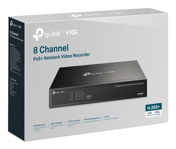 TP-Link VIGI NVR1008H-8P, 8 kanavaa, 3840 x 2160 pikseliä, 8 kanavaa, 720p, 1080p, 1920 x 1080, 1680 x 1050, 1440 x 900, 1280 x 1024, 102 4x 768, 1...