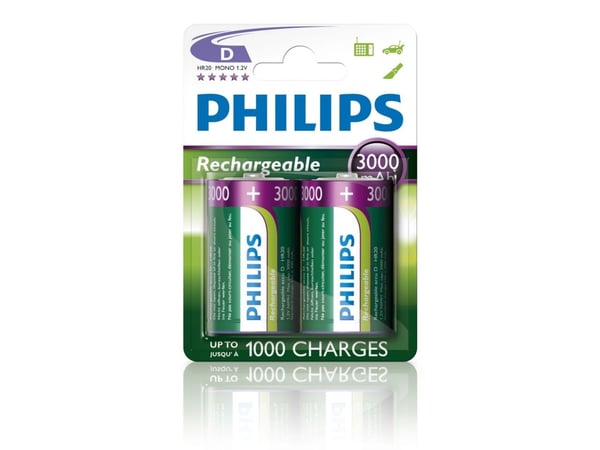 Philips Rechargeables Batteri R20B2A300/10, Oppladbart batteri, D, Nikkelmetallhydrid (NiMH), 1,2 V, 3000 mAh, Cd (kadmium), Hg (kvikksølv)