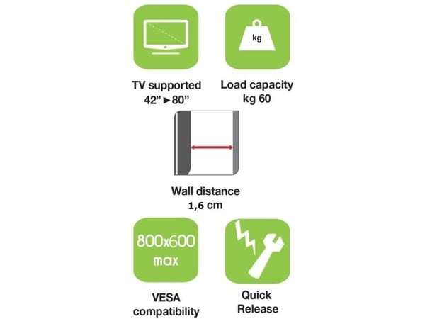 Techly ICA-PLB 860, 106,7 cm (42"), 2,03 m (80"), 60 kg, 800 x 600 mm, 800 x 600 mm, Svart