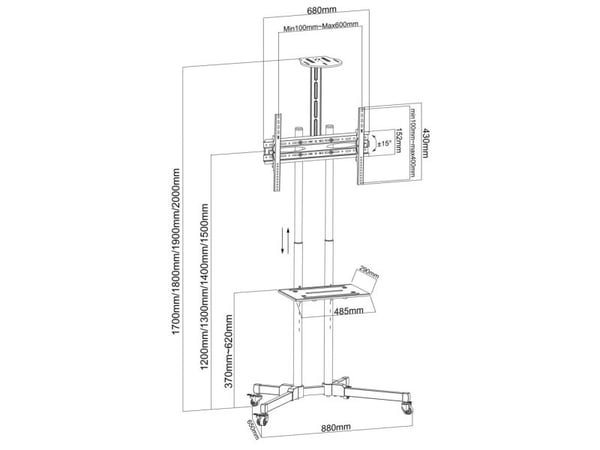 Techly ICA-TR216T, 94 cm (37"), 177,8 cm (70"), 200 x 200 mm, 600 x 400 mm, -15 - 15°, Svart