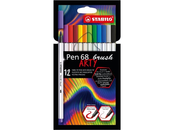 STABILO Pen 68 brush ARTY, 12 farger, Assorterte farger, Pensel tupp, Fiber, Assorterte farger, Sekskantet