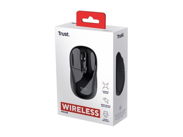 Trust - Mus - höger- och vänsterhänta - optisk - 4 knappar - trådlös - 2.4 GHz - trådlös USB-mottagare - svart