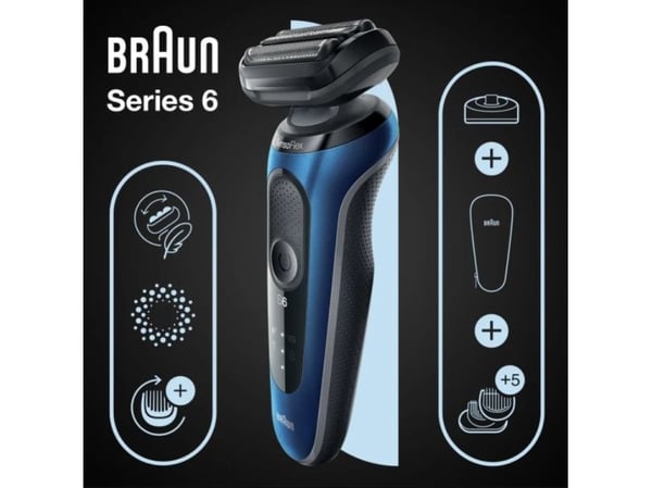 Braun Series 6 61-B4500cs, Parranajokone, Painikkeet, Musta, Sininen, LED, Lataus, Virta, AC/akku