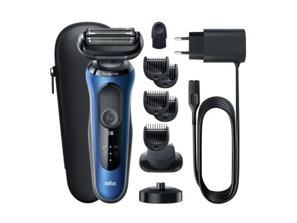 Braun Series 6 61-B4500cs, Parranajokone, Painikkeet, Musta, Sininen, LED, Lataus, Virta, AC/akku