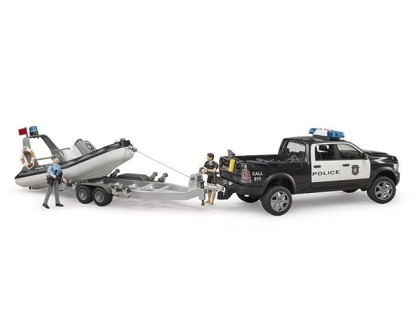 Bruder Dodge Ram 2500 Police pickup truck, trailer, boat, 2 figures with Light and Sound toy