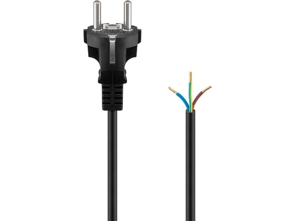 Wentronic Goobay jordkontaktkabel för kabelmontage, 2 m, svart - typ F (typ F, CEE 7/7) > lösa kabeländar (94701)