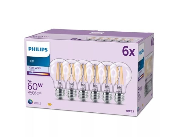 Philips LED Classic - LED-glödlampa - form: A60 - klar finish - E27 - 7 W (motsvarande 60 W) - klass E - svalt vitt ljus - 4000 K (paket om 6)