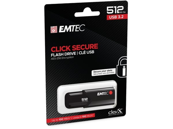 Emtec B120 Click Secure, 512 GB, USB A-tyyppi, 3.2 Gen 2 (3.1 Gen 2), Liuku, Musta