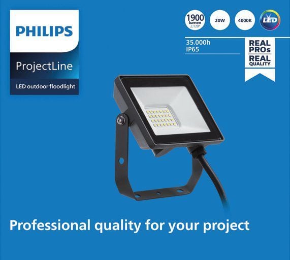 Philips Flomlys, Svart, IP65, Metall, I, U-brakett, 20 W