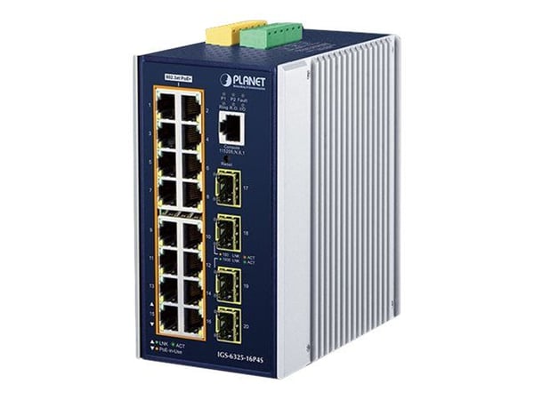 PLANET IGS-6325-16P4S - Switch - L3 - Styrt - 16 x 10/100/1000 (PoE+) + 4 x Gigabit SFP - DIN-skinnemonterbar, veggmonterbar - PoE+ (320 W) - DC-strøm