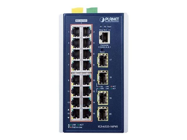 PLANET IGS-6325-16P4S - Switch - L3 - Styrt - 16 x 10/100/1000 (PoE+) + 4 x Gigabit SFP - DIN-skinnemonterbar, veggmonterbar - PoE+ (320 W) - DC-strøm