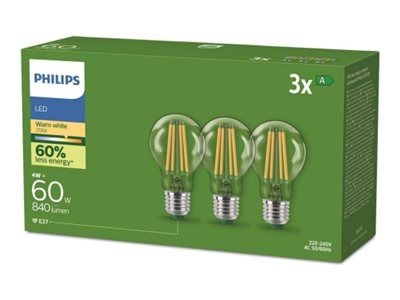 Philips - LED - form: A60 - klar finish - E27 - 4 W (ekvivalent 60 W) - varmt hvitt lys - 2700 K - blank (en pakke 3)