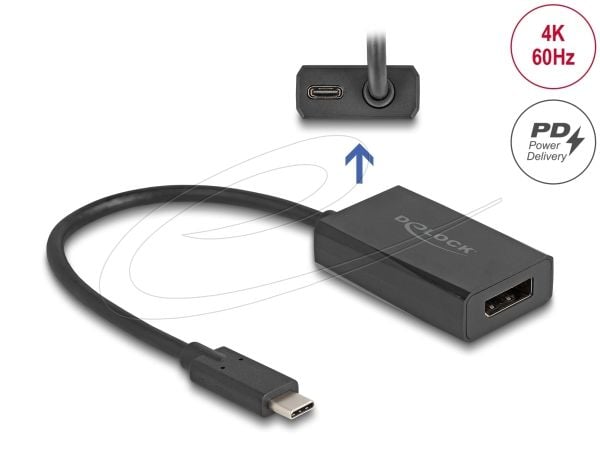 Delock - USB-kabel - USB-C (hane) till DisplayPort, USB-C (PD) (hona) - DisplayPort 1.2 - 15 cm - stöd för 4K, USB-strömförsörjning (85W) - svart