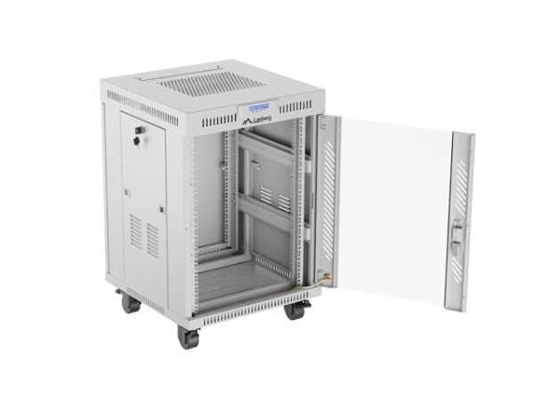 Lanberg FF01 series V2 - Rack skåp - 600x600, platt paket, glasdörr, LCD - med LCD-skärm, termostat - fristående - grå, RAL 7035 - 15U - 19"