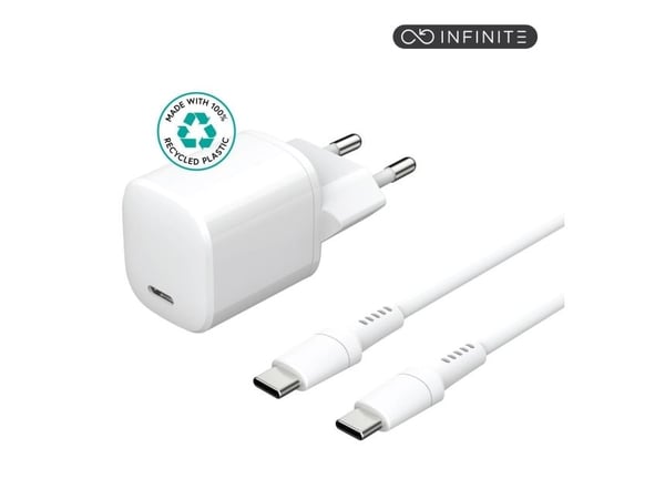 eSTUFF INFINITE - Strømadapter - EU plug, USB-C to USB-C cable, 1.5 m - 20 watt - 3 A - PD (24 pin USB-C) - hvit