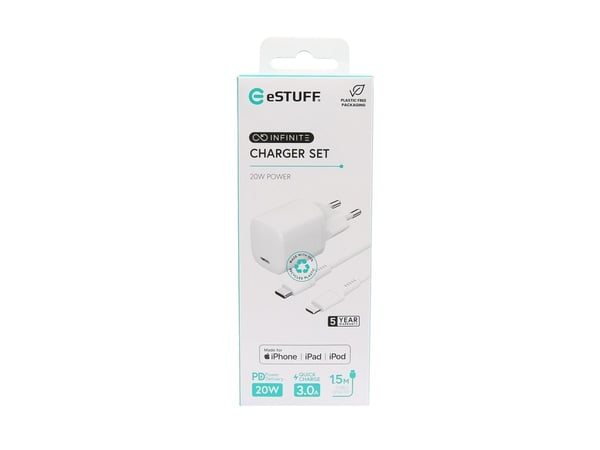 eSTUFF INFINITE - Strømadapter - EU plug, USB-C to USB-C cable, 1.5 m - 20 watt - 3 A - PD (24 pin USB-C) - hvit