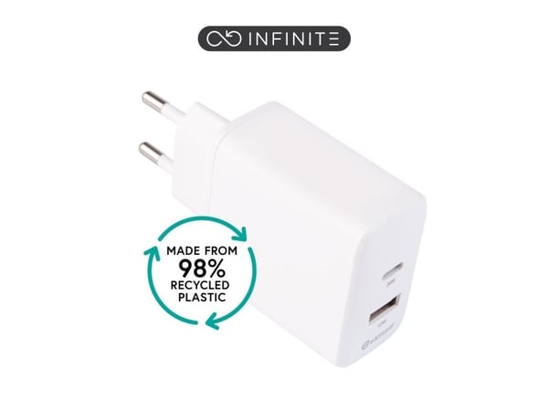 eSTUFF INFINITE - Strömadapter - 100% återvunnen plast, EU-kontakt - 32 Watt - 3 A - PD 3.0, Apple Fast Charge, QC 3.0 - 2 utdatakontakter (USB typ...