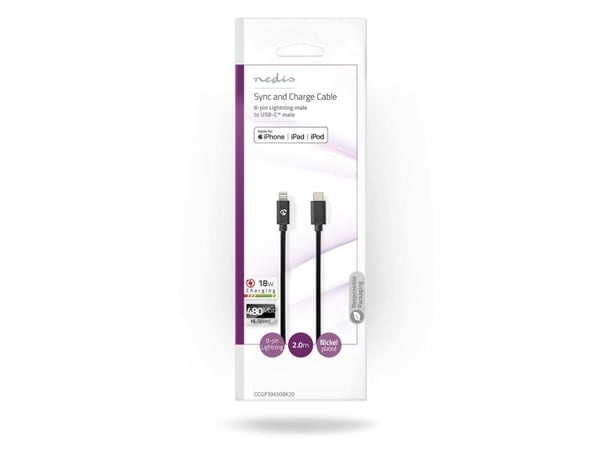 Nedis CCGP39650BK20, 2 m, Lightning, USB C, Hankontakt, Hankontakt, Svart