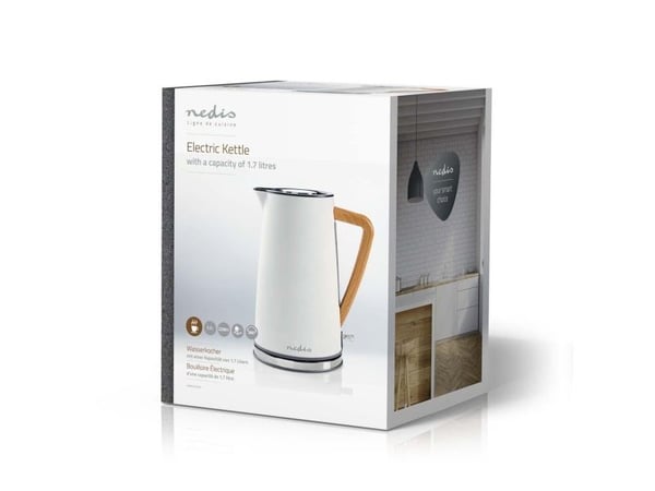 Nedis KAWK510EWT, 1,7 l, 2200 W, Hvit, Rustfritt stål, Vannivåindikator, Trådløs