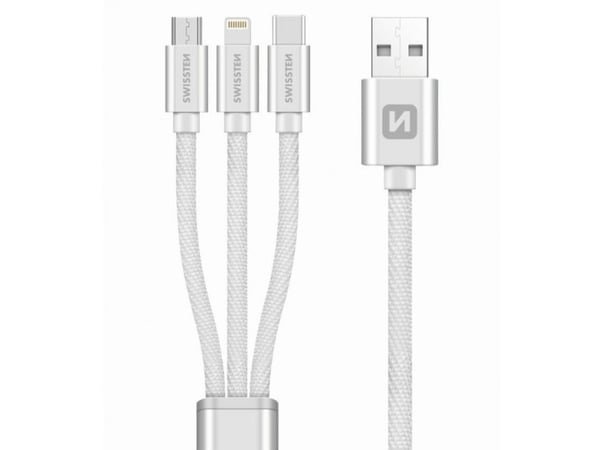 Swissten Textile 3-in-1 Cable 1.2m, 1,2 m, USB A, USB C/micro-USB B/Lightning, Silver
