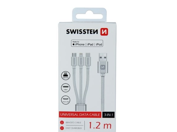 Swissten Textile 3-in-1 Cable 1.2m, 1,2 m, USB A, USB C/micro-USB B/Lightning, Silver