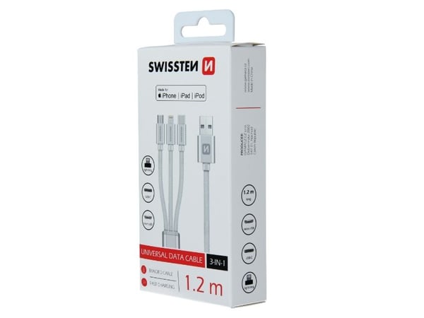Swissten Textile 3-in-1 Cable 1.2m, 1,2 m, USB A, USB C/micro-USB B/Lightning, Silver