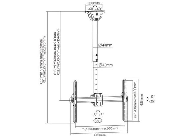 TECHly - Monteringssett (takmontering, monteringsbrakett, teleskopstang) - for flatpanel - stål - svart - skjermstørrelse: 37"-70" - takmonterbar