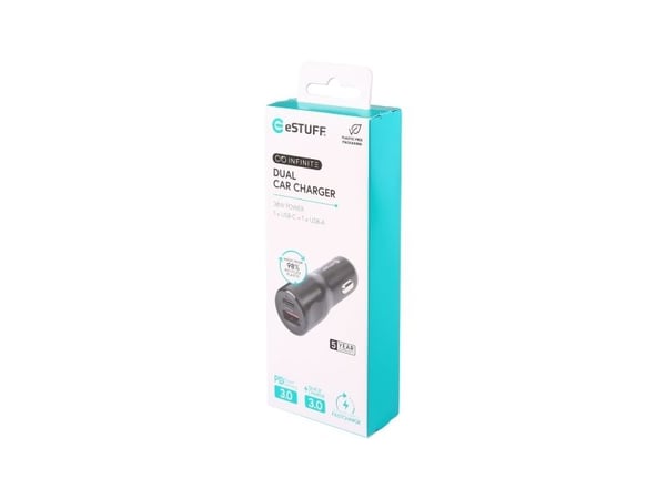 eSTUFF INFINITE - Strömadapter för bil - 38 Watt - 3 A - QC 3.0, PD 2.0, Apple Fast Charge - 2 utdatakontakter (USB typ A, USB-C) - svart
