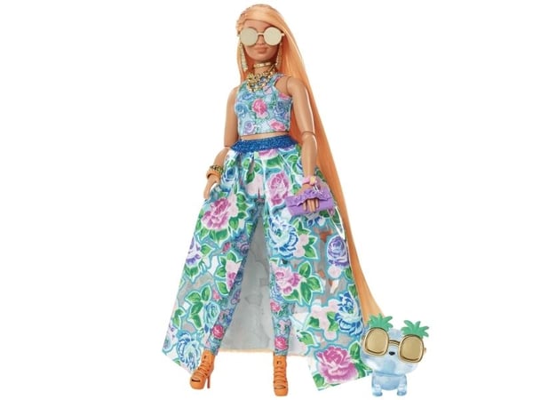 Mattel Barbie Extra Fancy-nukke sinisessä mekossa, jossa on kukkakuviointi