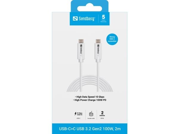 Sandberg - USB-kabel - USB-C (hane) till USB-C (hane) - USB 3.1 Gen 2 - 2 m - USB-strömförsörjning (100W), upp till 10 Gbps dataöverföringshastighe...