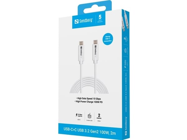Sandberg - USB-kabel - USB-C (hane) till USB-C (hane) - USB 3.1 Gen 2 - 2 m - USB-strömförsörjning (100W), upp till 10 Gbps dataöverföringshastighe...