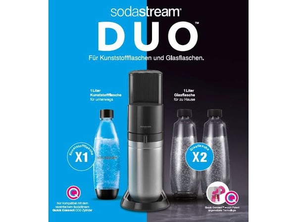 SodaStream DUO, Sort, Rustfritt stål, Glas, 1 L, 60 L, 155 mm, 280 mm
