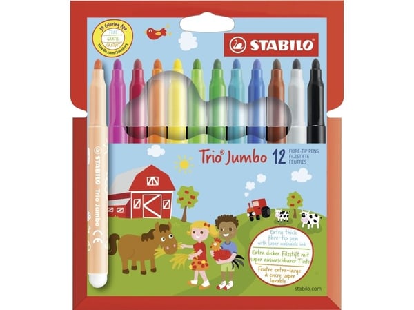 Stabilo Trio Jumbo barnetusj med 12 farger - 3 mm strek - Supervaskbar - Robust spiss - Trekantet grep - Ventilert hette
