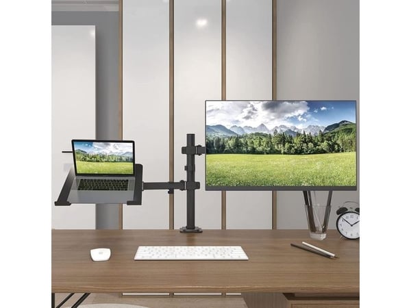 TECHly - Asennussarja (monitorivarsi, kannettavan tietokoneen hylly) - LCD-näytölle - teräs - musta - näytön koko: 13"-32" - työpöydälle kiinnitettävä